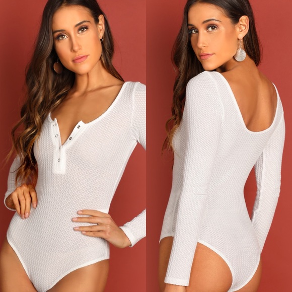 Bodysuit white waffle knit button up long sleeve - Picture 3 of 3